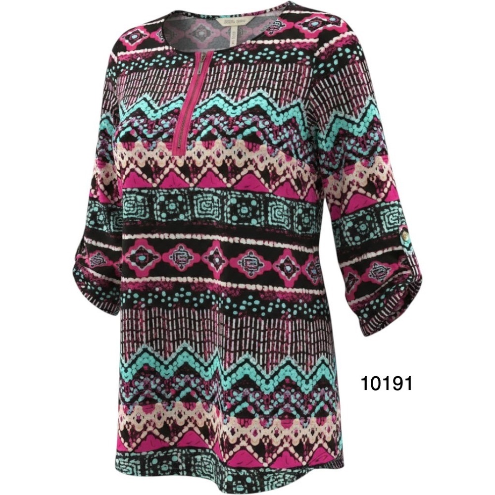 Pink Owl Blouse Top Womens Small Black Pink Aztec Tribal Round Neck Back Zip